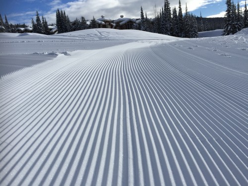 Fresh corduroy at Sun Peaks with Stone's Throw behind