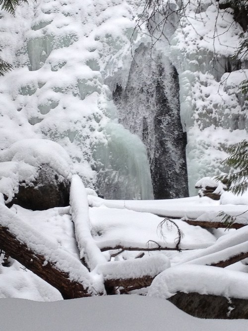 Sun Peaks Waterfall in early winter with the running water still visible - photo by BestSunPeaks.com