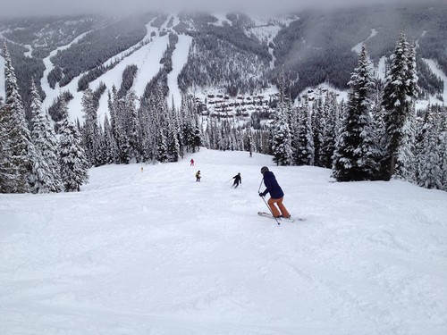 Skiing down Mt Morrisey heading towards Sun Peaks village