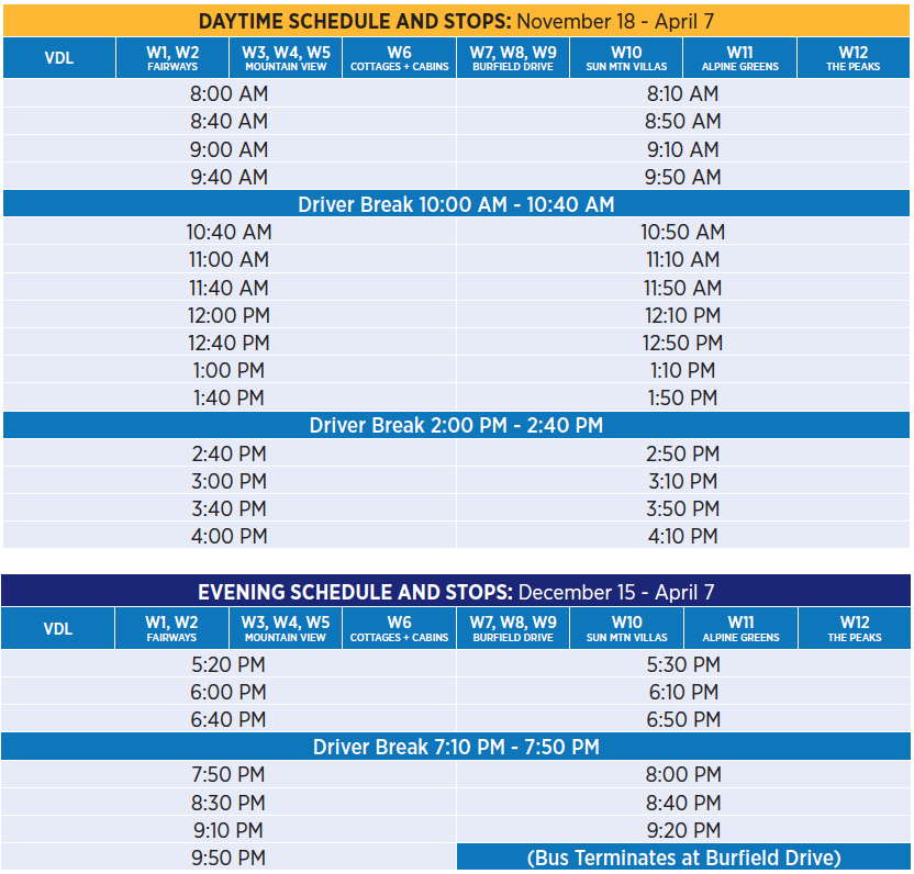 Sun Peaks 2023 west shuttle bus schedule