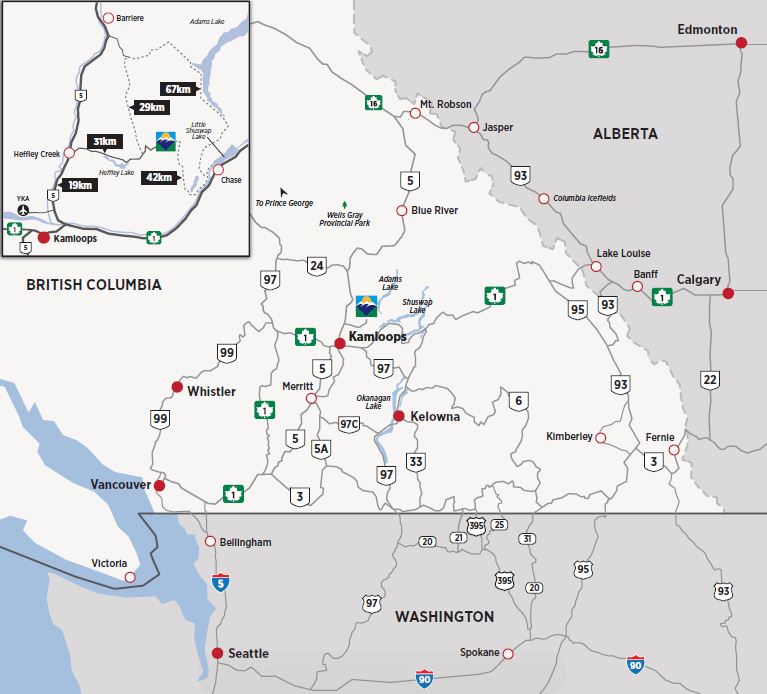 Driving map to Sun PEaks Resort - courtesy Sun Peaks