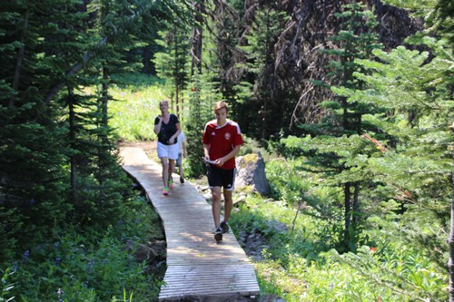 Hike to Mount Tod summit at Sun Peaks - crossing the boardwalks over wet areas